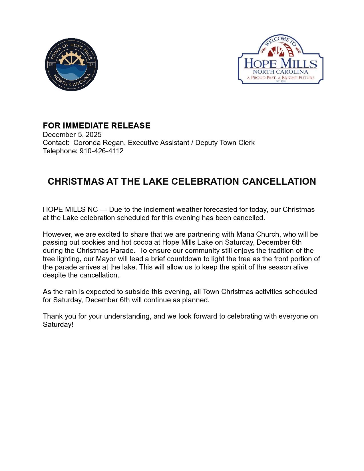 Christmas at the Lake Cancellation Press Release