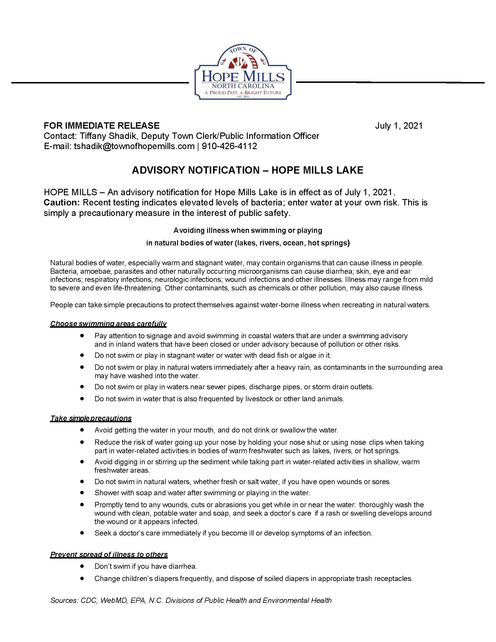 Press Release 07012021 Hope Mills Lake Swim Advisory